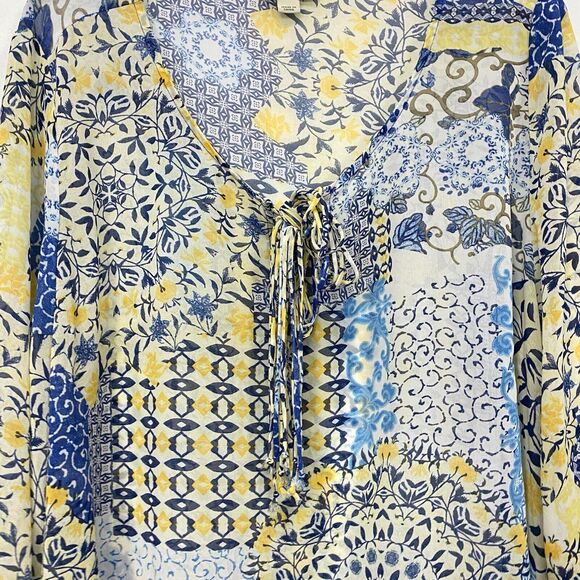 One World Live and Let Live Blouse Plus Sz 3X Blue Yellow Sheer 3/4 Sleeve Boho - Picture 8 of 12